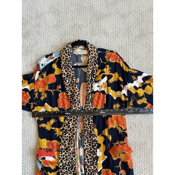 Free People Size S Wild Nights Duster Open Front Floral Print Leopard Trim Boho - Picture 10 of 13